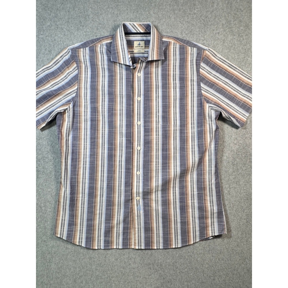 Johnnie-O Hangin Out Mens Large Blue Brown Striped Short Sleeve Cotton Shirt
